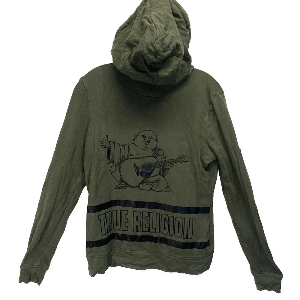 True Religion M Hoodie Budda World Tour Logo Full Zip Olive Green Y2K Vintage